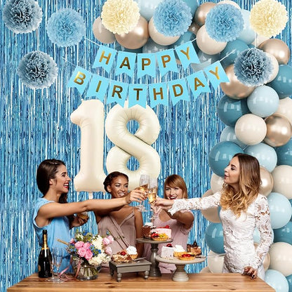 Dusty Blue 18th Birthday Party Decorations Boys Girls Beige Cream Number 18 Balloon with Blue Gold Happy Birthday Banner Fringe Curtain Paper Pom Poms Nude White Sand Champagne Star Foil Balloons
