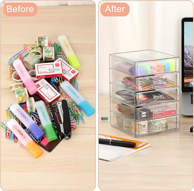 BTSKY Clear Acrylic Storage Organizer with Drawers, 5-Layer Desktop Organizer for Office Essentials, Multi-Purpose Stackable Container for Bathroom Vanity, Desk Makeup Jewelry Container Storage Box