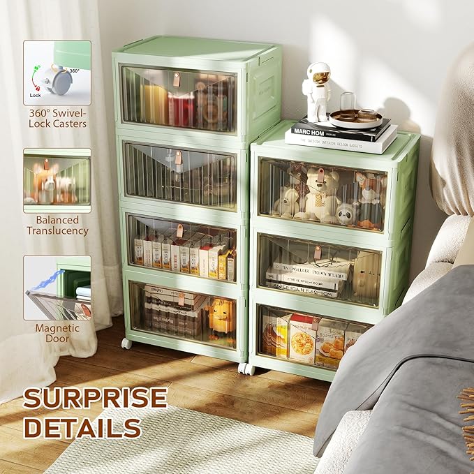4 Tier Stackable Plastic Storage Bins with Lid and Wheels - 23 QT Storage, Foldable Storage Containers, Organization and Storage Boxes for Craft, Home, Pantry, Dorm, Green