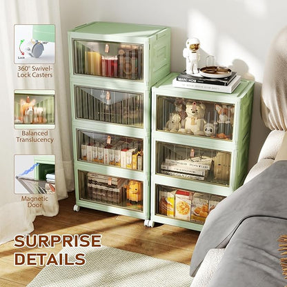 4 Tier Stackable Plastic Storage Bins with Lid and Wheels - 23 QT Storage, Foldable Storage Containers, Organization and Storage Boxes for Craft, Home, Pantry, Dorm, Green