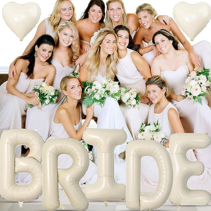 40inch Beige BRIDE Letter Balloons, Giant Cream White Sand Bride Foil Helium Balloon Banner with Heart Balloon for Bride to Be Wedding Engagement Bridal Shower Nude White Bachelorette Party Decoration