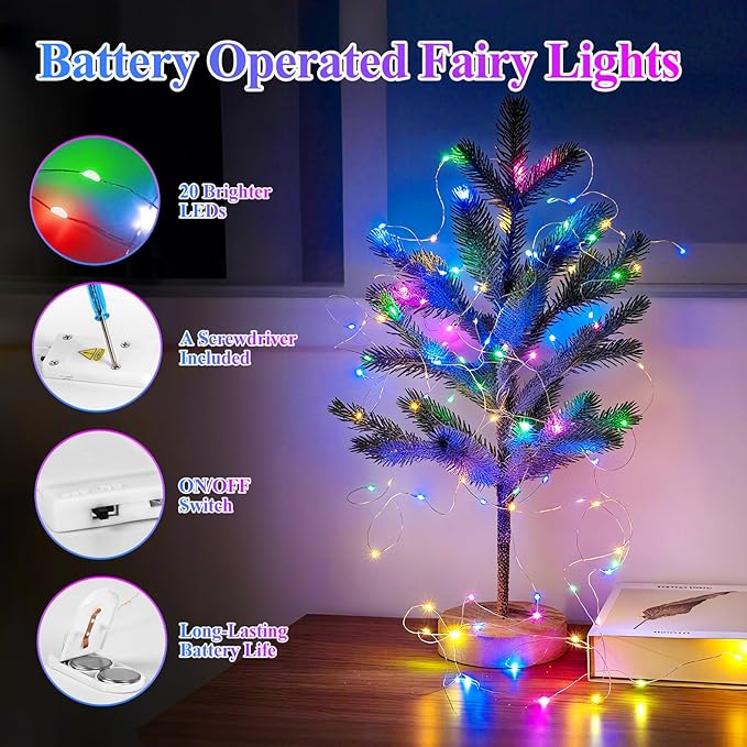 Lakumu 12 Pack Fairy Lights Battery Operated String Lights -7FT 20LED Fairy Lights Silver Wire Firefly Starry Moon Lights for DIY Christmas Decorations Party Wedding Centerpiece Table Decor Multicolor