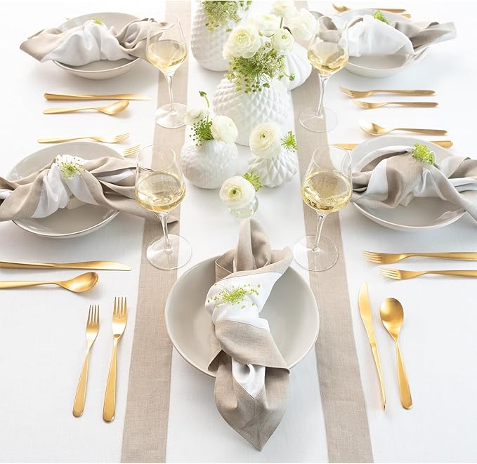 Solino Home Linen Table Runner 60 Inches - 100% Pure Linen Natural and White Table Runner 14 x 60 Inch Ideal for Dresser and Coffee Tables - Fall, Autumn, Christmas, Winter, New Year - Contempo