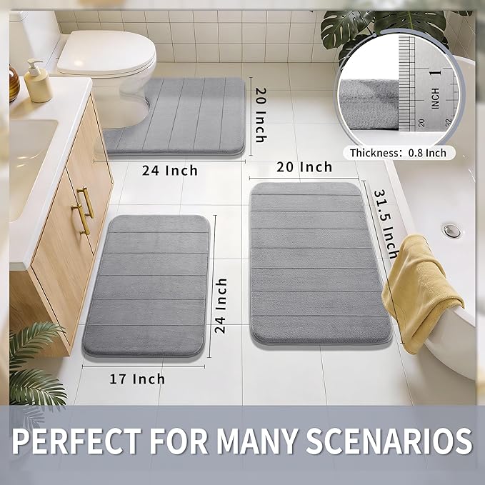 Yimobra Memory Foam Bath Mat, Super Soft Absorbent Bathroom Rug Non Slip 31.5x20 Inch, Quick Dry, Machine Washable Floor Carpet for Tub Shower, Home Decor Accessories, Gray