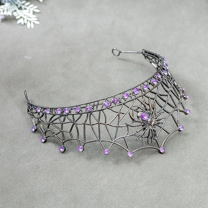 Gothic Black Spider Web Crown for Women Dark Queen Crystal Tiara Metal Headpiece Vampire Cosplay Masquerade Party Prom Night Witch Sorceress Costume Accessory