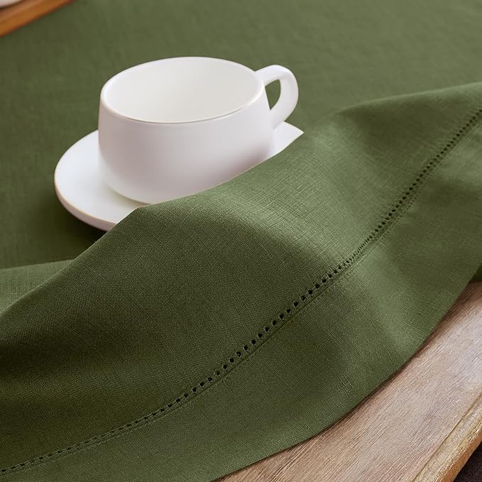 Solino Home Linen Cloth Placemats Set of 4-100% Pure Linen Hemstitch Olive Placemats 14 x 19 Inch - Classic Hemstitch Table Place Mats for Fall, Autumn, Christmas, New Year
