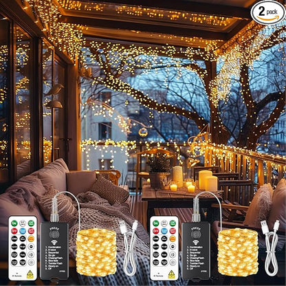 HXWEIYE Rechargeable Fairy Lights with Remote, 2 Pack 33ft 100LED Twinkle Lights with DIY Timer & Light Sensor, Waterproof Outdoor String Lights for Bedroom Patio Christmas Tree Decor, Warm White