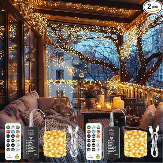 HXWEIYE Rechargeable Fairy Lights with Remote, 2 Pack 33ft 100LED Twinkle Lights with DIY Timer & Light Sensor, Waterproof Outdoor String Lights for Bedroom Patio Christmas Tree Decor, Warm White