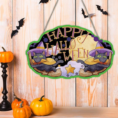 Magic Cat Halloween Sign - 6" x 10" Rustic Farmhouse Wall Decor with Jute Rope, Perfect for Halloween, Cottage, Home, Bedroom, Witch Theme, Spooky Festive Wall Art. - A03
