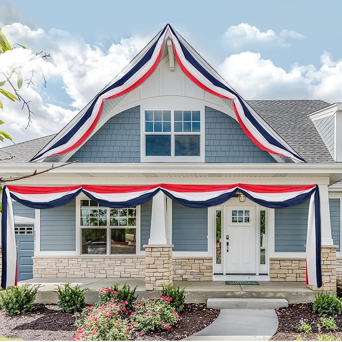 HOOSUN 3 Pack 2x20 Ft Patriotic Bunting American Flags for Outside,Patriotic Decorations Outdoor,USA Flags Presidents Day Decorations,4th of July decor Red White and Blue Banner for Porch
