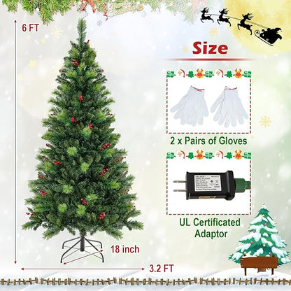 GOFLAME 6FT Pre-Lit Christmas Tree, Hinged Artificial Xmas Tree with Pine Needles, 670 Branch Tips, 28 Clusters of Red Berries, 300 LED Lights, 9 Lighting Modes, 4 Brightness, Remote Control & Timer