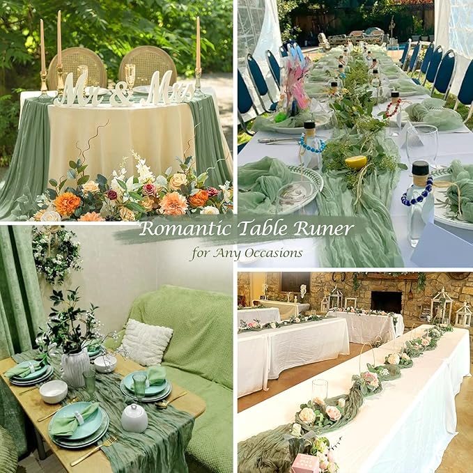 Cotton Sage Green Cheesecloth Table Runner, 13FT Cotton Table Runner Rustic Boho Green Cheese Cloth Runner for Wedding Bridal Baby Shower Table Decoration