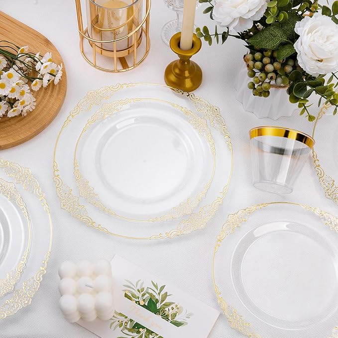 100 PCS Clear and Gold Plastic Plates for 50 Guests, Clear Disposable Plates Include 50 PCS Dinner Plates, 50 PCS Dessert Plates for Party, Wedding and Graduation