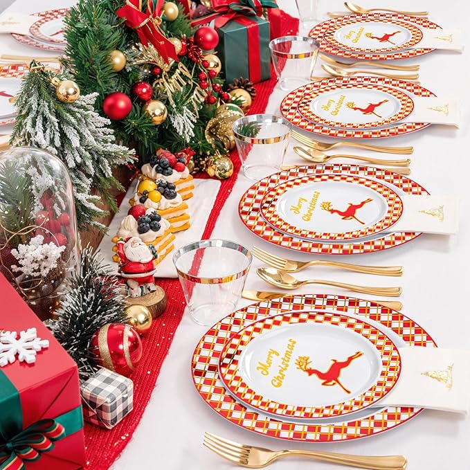 Ciaell 175PCS Christmas Plastic Plates - Red and Gold Plaid Plates include 25Dinner Plate, 25Dessert Plate, 25Knives, 25Forks, 25Spoons, 25cups, 25 Christmas Napkins for Christmas Party
