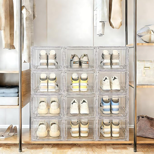 Acrylic Shoe Storage Boxes with Magnetic Door - 360° Clear Stackable Shoe Display Box Set, Plastic Shoe Cabinet Rack Box for Sneakers Heels Shoes (1, Clear, L - Front Open)