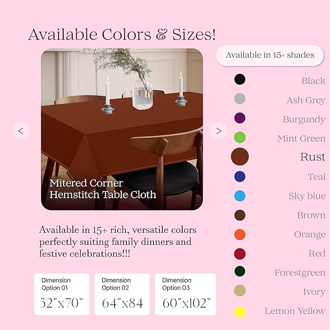 Rust Cotton Tablecloth, Tabletop 52x70 Inch, Fits 4-6 Seats, Soft, Durable, Washable, Wrinkle Resistant, Rectangle Table Cloth for Dining, Thanksgiving, Fall Decor, Family Gathering