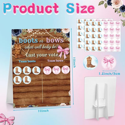 Poen Boots or Bows Gender Reveal Game Board with Stand, 60 Pink Bow & Brown Boot Stickers, Cast Your Vote Baby Shower Party Supplies, Boy or Girl Guessing Game Decorations for Gender Reveal Party