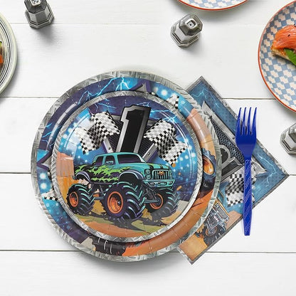 96pcs Party Plates Monster Truck Tableware Set Paper Plates Round for 24 Guests Monster Jam Disposable Party Table Supplies Kids Birthday Party Picnic (Include Plates, Forks and Napkins)
