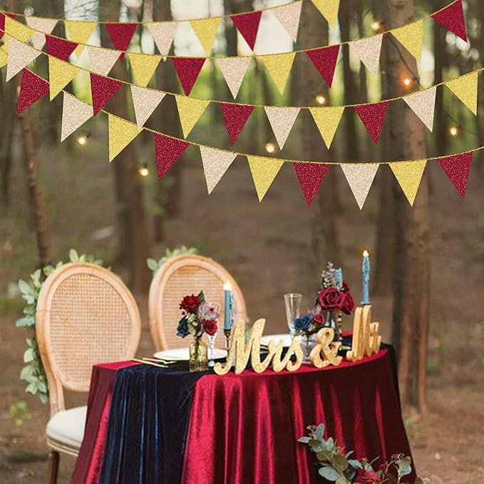 Maroon Gold Party Pennant Banner Flag Burgundy Champagne Gold Triangle Hanging Glitter Paper Bunting for Birthday Graduation Baby Shower Bridal Shower Wedding Bachelorette Engagement Party Decorations