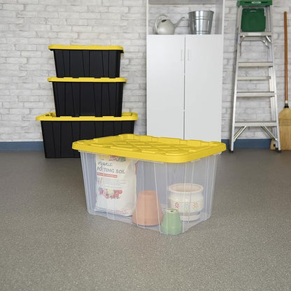 Sterilite 16-Pack Industrial Storage Box, Clear Plastic Organizer Bins with Handles, 27 Gallon, Yellow - Stackable Container Boxes for Bedroom, Bathroom, Garage, and Office Organization