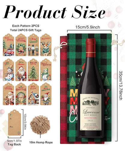 24PCS Burlap Wine Bag Christmas Wine Gift Bags, Drawstring Retro Christmas Bottle Cover Gift Bag w/ Tag, Buffalo Plaid Wines Bags for Bottles Gifts Reusable Bottle Covers for Xmas Holiday Party Decor