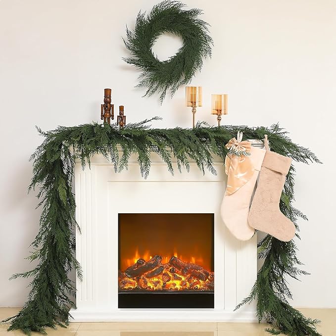 Jutom 1 PCS 6 ft Christmas Cedar Garland - Green Artificial Realistic Cedar Garland Faux Decoration for Table, Mantel, Wall Winter Holiday Party