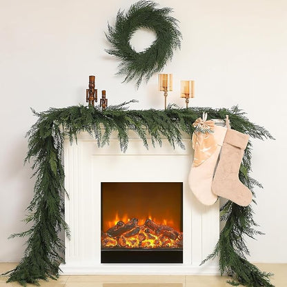 Jutom 1 PCS 6 ft Christmas Cedar Garland - Green Artificial Realistic Cedar Garland Faux Decoration for Table, Mantel, Wall Winter Holiday Party