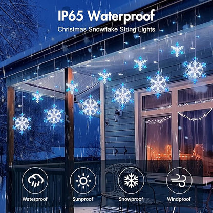 Minetom Christmas Snowflake Lights - 13ft 192LED Snowflake Icicle Lights with 16 Drops, 12 Modes and Timer, IP65 Waterproof Connectable Christmas Light for House Eave Window Indoor Outdoor Decoration