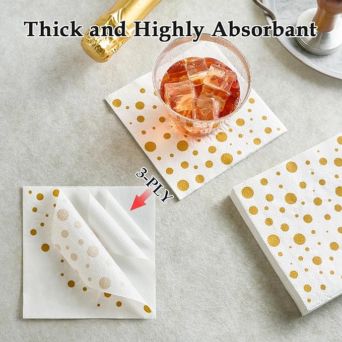 Vplus 100 Pack Cocktail Napkins Paper, 3-Ply Beverage Napkins, Disposable Gold Square Napkins, Perfect for Restaurant, Event, Bar, Wedding, Baby Shower and Birthday Party
