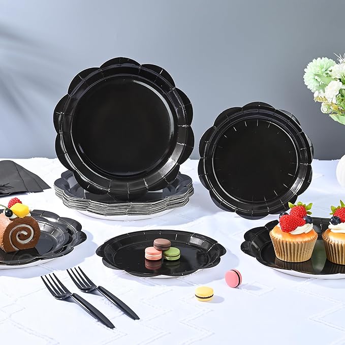 96 Pcs Black Paper Plates and Napkins Set Party Supplies, Tableware set for 24 Guest include Disposable Black Scalloped Plates, Napkins and Forks for Birthday Wedding Picnic