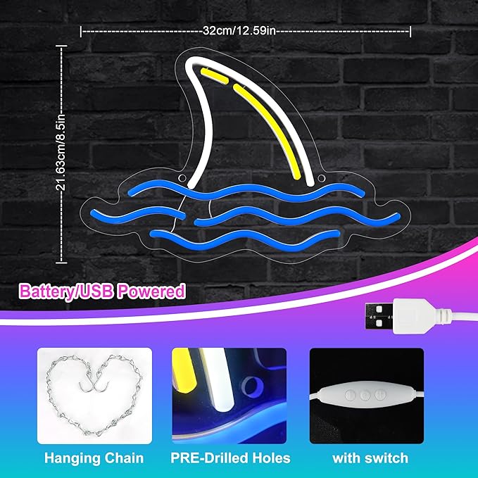 Neon Sign, Shark Led Neon Signs for Bedroom Decor, USB Powered OceanTheme Art Neon Night Light Acrylic Light Up Sign for Kids Birthday Gift Festival Party Holiday Decor