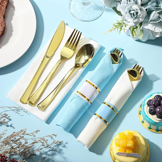 Lasnten 50 Pack Blue Pre Rolled Gold Plastic Silverware Set Disposable Wrapped Plastic Cutlery Set Include Blue and White Napkins Knives Spoons and Forks for Wedding Baby Shower Birthday Party