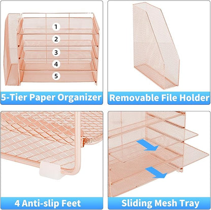 OPNICE 5-Tier Paper Organizer with Magazine Holder, Desk Organizers and Accessories, Office Desk Accessories & Workspace Organizers, Desktop File Organizer for Office Supplies Storage, Rose Gold