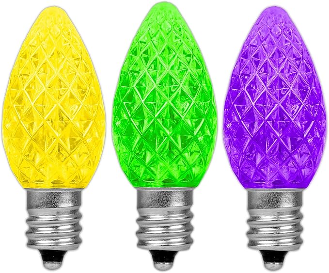 Novelty Lights 25pk Yellow/Purple/Green C7 LED Faceted Christmas Light Replacement Bulbs, Ultra Bright Dimmable Replacement Lamps for Indoor/Outdoor Light Strings