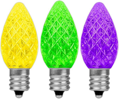 Novelty Lights 25pk Yellow/Purple/Green C7 LED Faceted Christmas Light Replacement Bulbs, Ultra Bright Dimmable Replacement Lamps for Indoor/Outdoor Light Strings