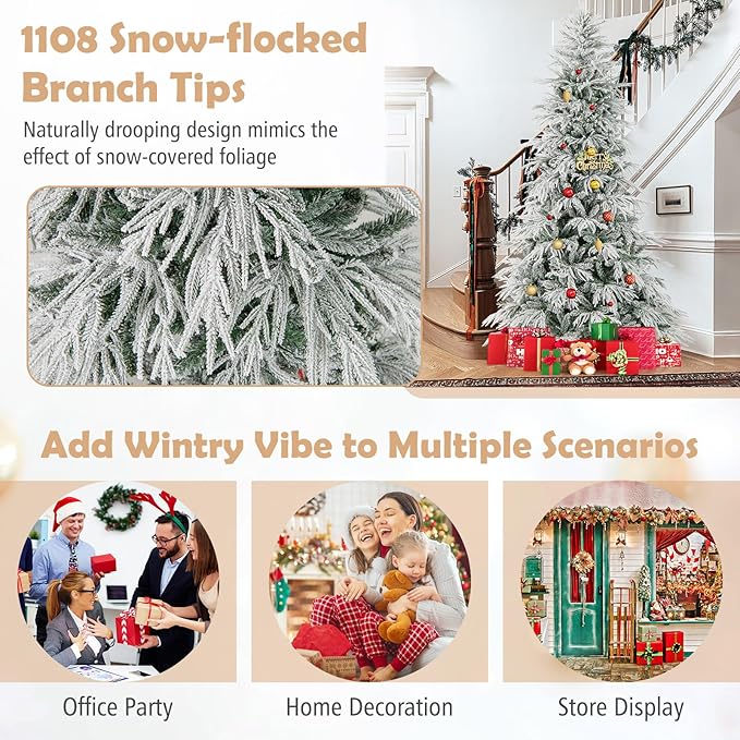 GOFLAME 8FT Pre-lit Artificial Christmas Tree, Snow Flocked Hinged Xmas Tree with 450 Warm White LED Lights, 1108 Branch Tips and Folding Metal Stand, Holiday Decoration Tree for Home Party
