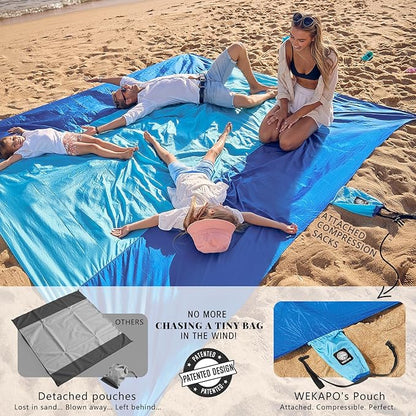 WEKAPO Beach Blanket Sandproof Waterproof, Extra Large Beach Mat, Oversized & Compact Sand Free Mat Quick Drying, Lightweight & Durable with Stakes & Corner Pockets