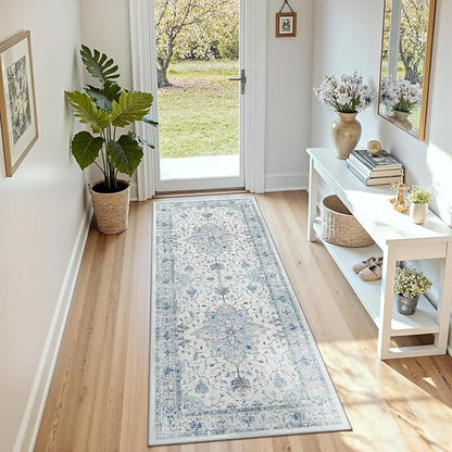 Area Rugs 3'x6' Runner Rug Non Slip Washable for Kitchen Hallway Bedroom Beside Laundry Room Bathroom Rug, Floor Carpet, Light Blue Navy Beige Gray White