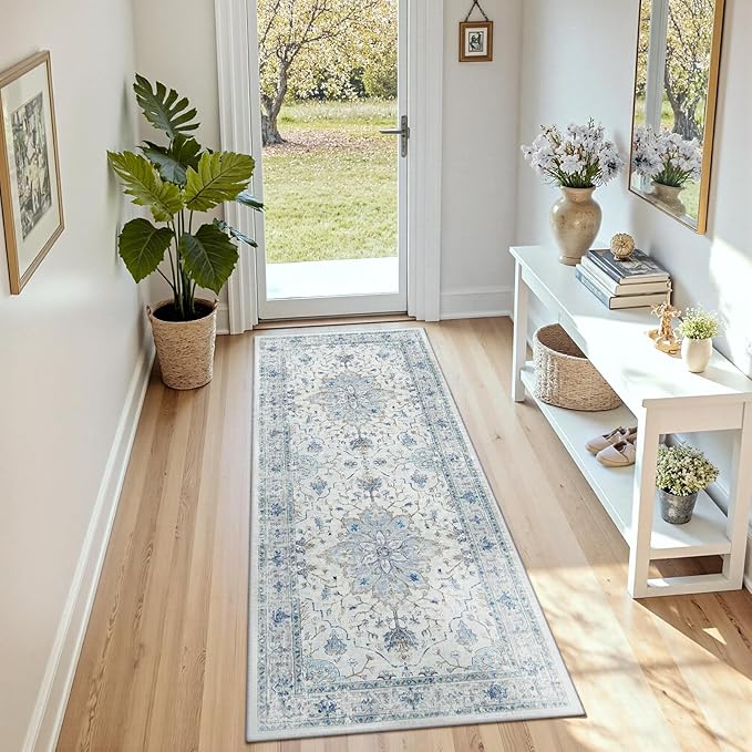 Area Rugs 2'x5' Runner Rug Non Slip Washable for Kitchen Hallway Bedroom Beside Laundry Room Bathroom Rug, Floor Carpet, Light Blue Navy Beige Gray White