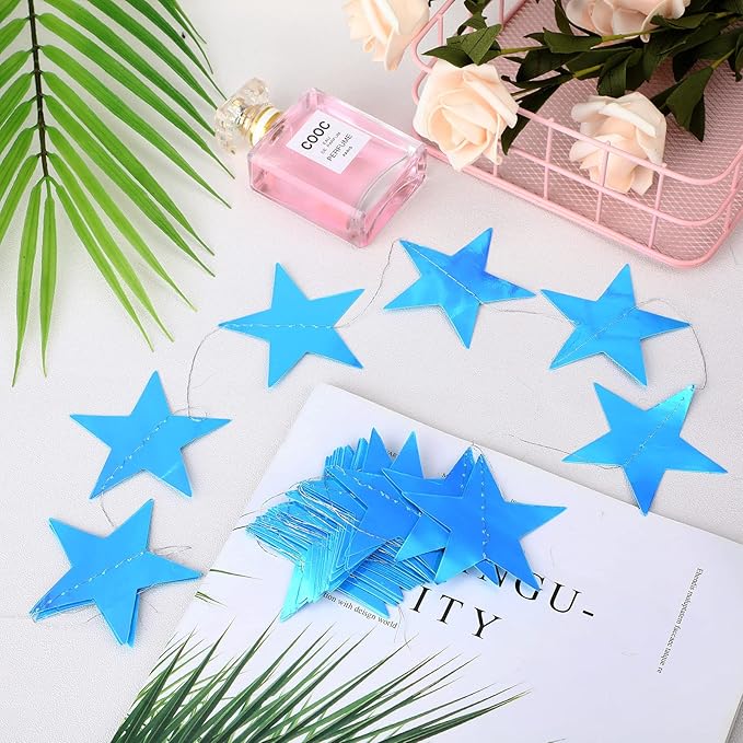 Patelai Glitter Star Garland Banner Christmas Decor 130 Feet Star Hanging Bunting Banner Twinkle Backdrop for Homecoming Classroom Wedding Birthday Halloween Party Supplies(Holographic Blue)