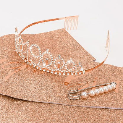CIEHER 19th Birthday Crown and Sash for Girls, It's My 19 Bday Sash, 19th Birthday Decorations Rose Gold