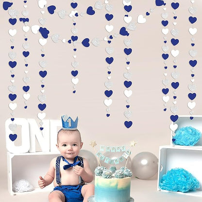 52 Ft Valentines Day Party Decorations Navy Blue Silver Heart Garlands Silver Royal Blue Hanging Streamer Banners for Anniversary Bachelorette Engagement Wedding Bridal Shower Birthday Party Supplies