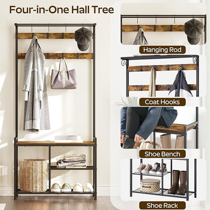 Coat Rack Shoe Bench, 4-in-1 Hall Tree with Storage Shelves and Hanging Rod, Entryway Storage Organizer with 8 Movable Hooks, for Entryway, Hallway, Corridor, Rustic Brown and Black MT12BR