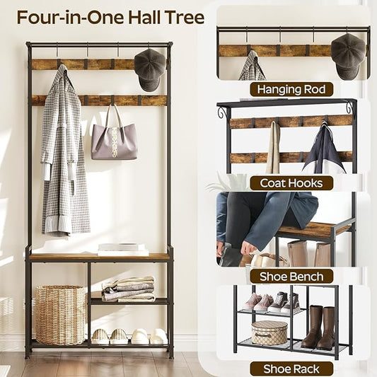 Coat Rack Shoe Bench, 4-in-1 Hall Tree with Storage Shelves and Hanging Rod, Entryway Storage Organizer with 8 Movable Hooks, for Entryway, Hallway, Corridor, Rustic Brown and Black MT12BR
