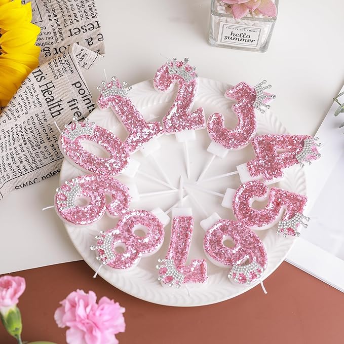 Birthday Number Candles,Pink Crown Birthday Candles for Cake,Glitter Number 2 Candle Cake Topper with Sequins for Girls,Women, Anniversary Celebrations Supplies (Pink 2)