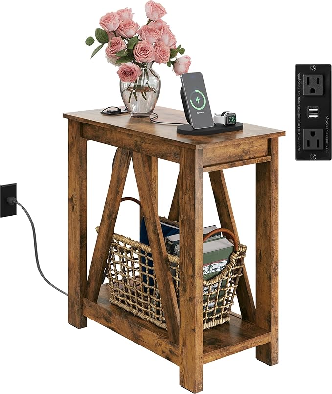 WLIVE Farmhouse End Table, Narrow Side Table with Charging Station, Slim End Table, Side Table for Bedroom, Living Room, Small Spaces, 2 USB and 2 Power Outlets, Rustic Brown