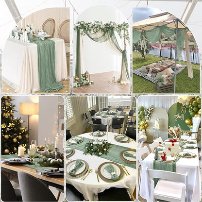 12 Pack Sage Green Table Runner Cheesecloth 35x120 Inch, 10Ft Boho Sheer Gauze Table Runner Cheese Cloth Runner for Wedding Baby Shower Christmas Home Decorations