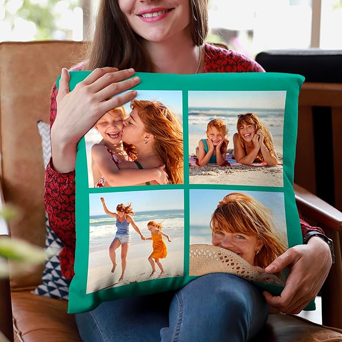 Be Burgundy Custom 4 Photo Pillow Cover 16x16 Inch – Personalized Collage Picture Pillow, Custom Throw Pillowcase, Optional Background Color, Gift for Family, Friends, Couples