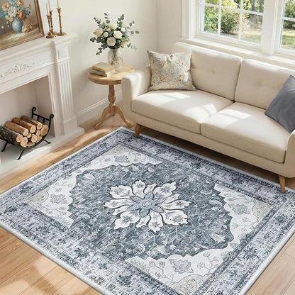 Area Rugs 4'x6' Washable Non-Slip, Floral Vintage Distress Print Pattern Medallion Carpet for Living Room Bedroom Dining Room, Light Gray Grey White