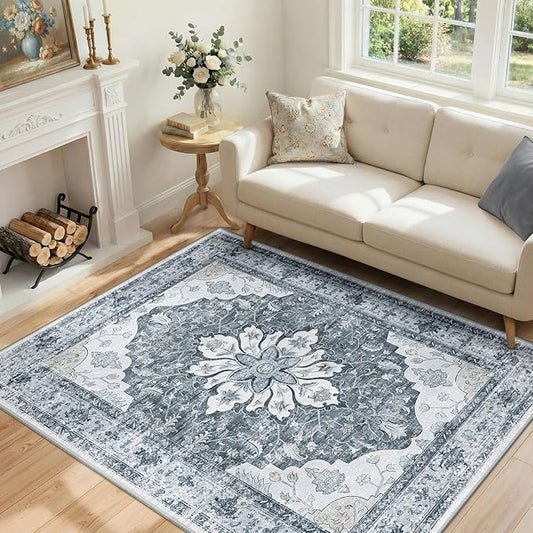 Area Rugs 4'x6' Washable Non-Slip, Floral Vintage Distress Print Pattern Medallion Carpet for Living Room Bedroom Dining Room, Light Gray Grey White